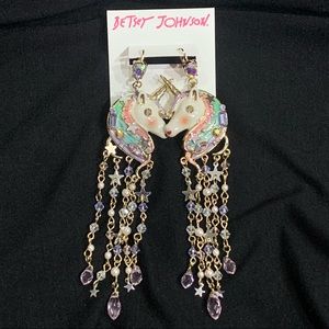BETSEY JOHNSON Unicorn & Stars LONG STATEMENT EARRINGS! Enamel Crystals Goldtone